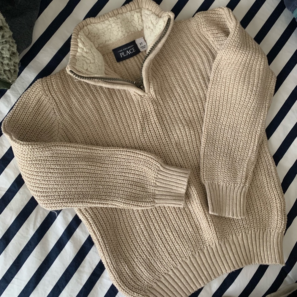 Toddler Boys Tan/Cream Quarter-Zip Sweater. Faux Sherpa lined collar. Size 2T